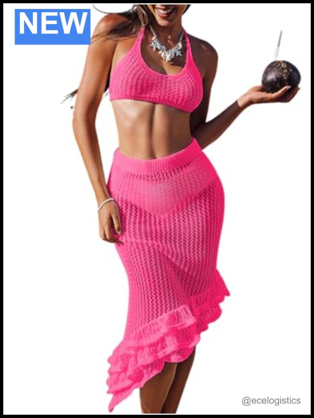 2 Piece Crochet Swim Cover Up Set Bikini Top & High Waisted Fishtail Wrap Skirt